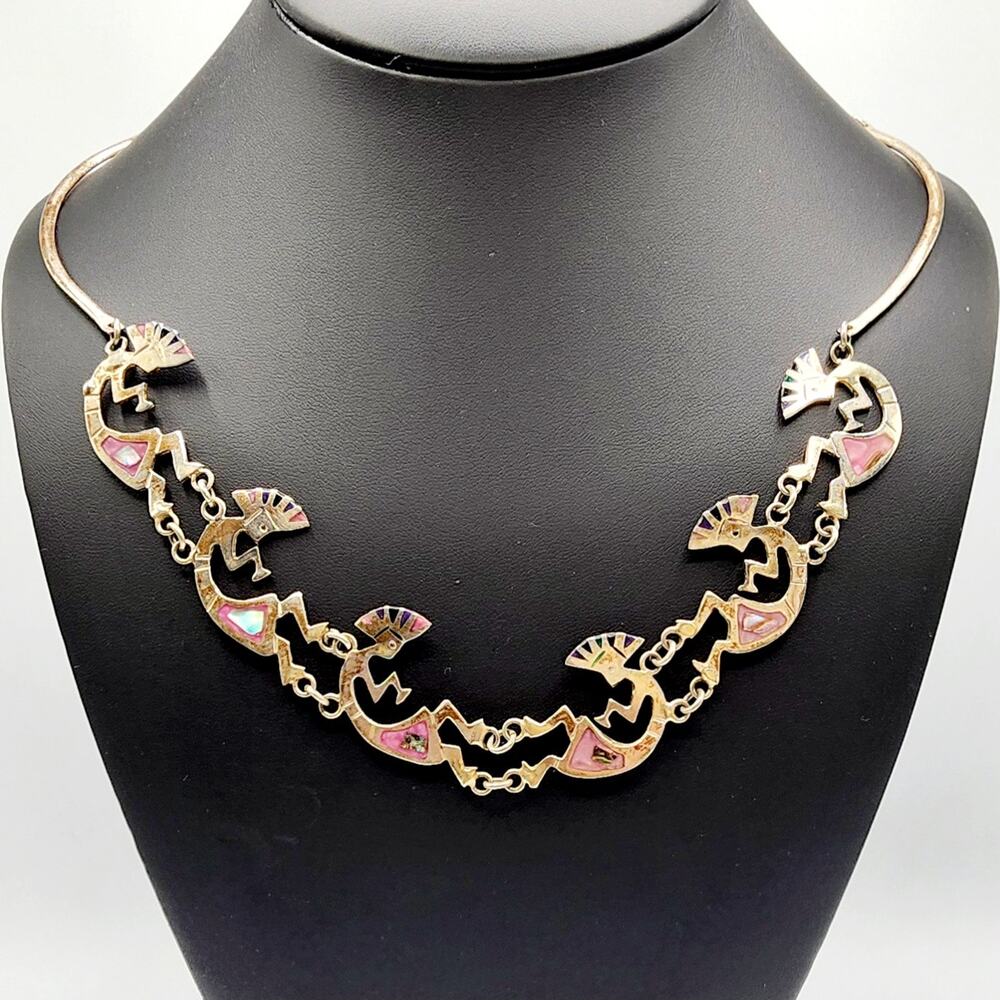 Mexican Kokopelli Necklace Abalone Pink Shell Inlay Southwest Alpaca Vintage 21"